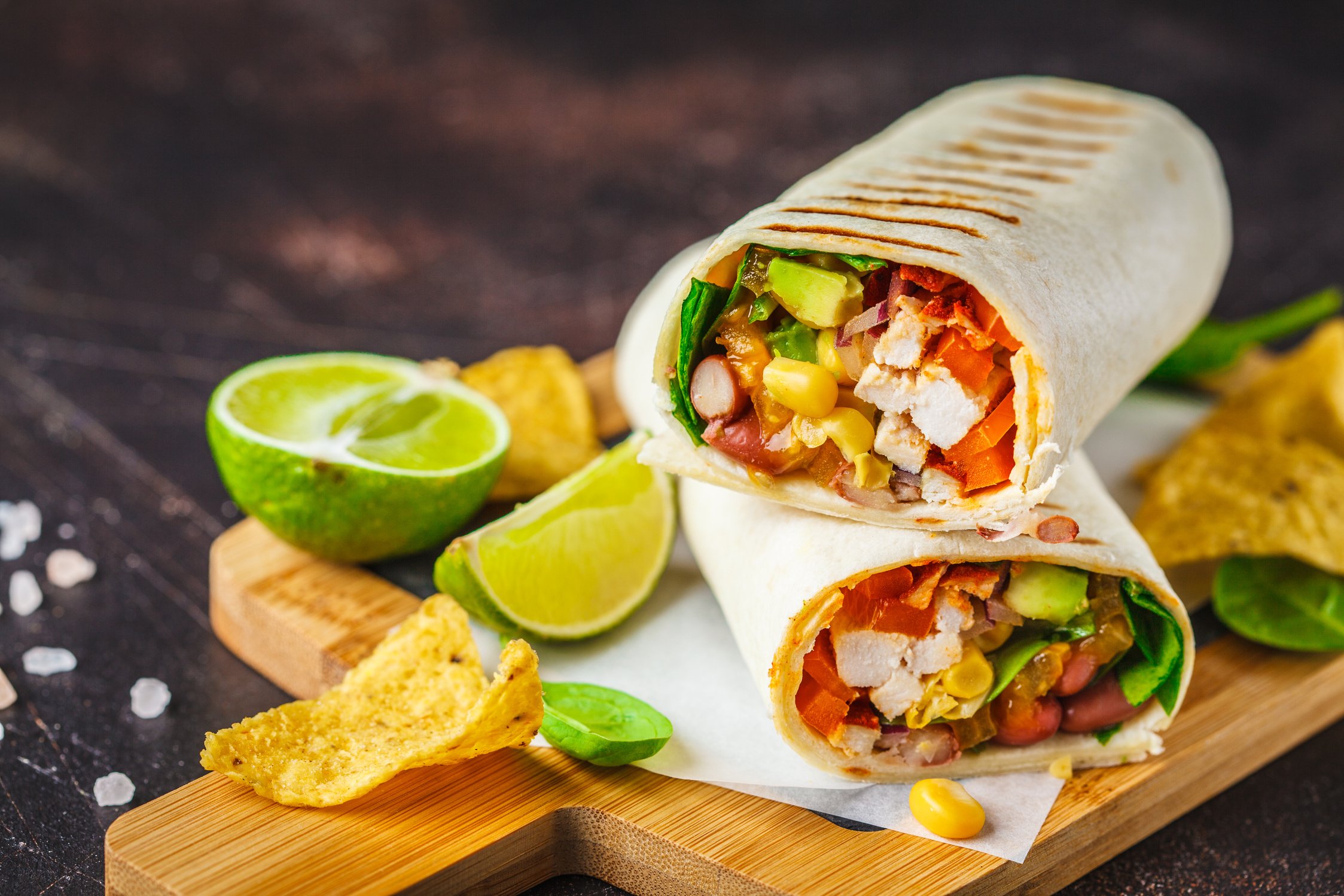 Burritos Wraps with Chicken, Beans, Corn, Tomatoes and Avocado O