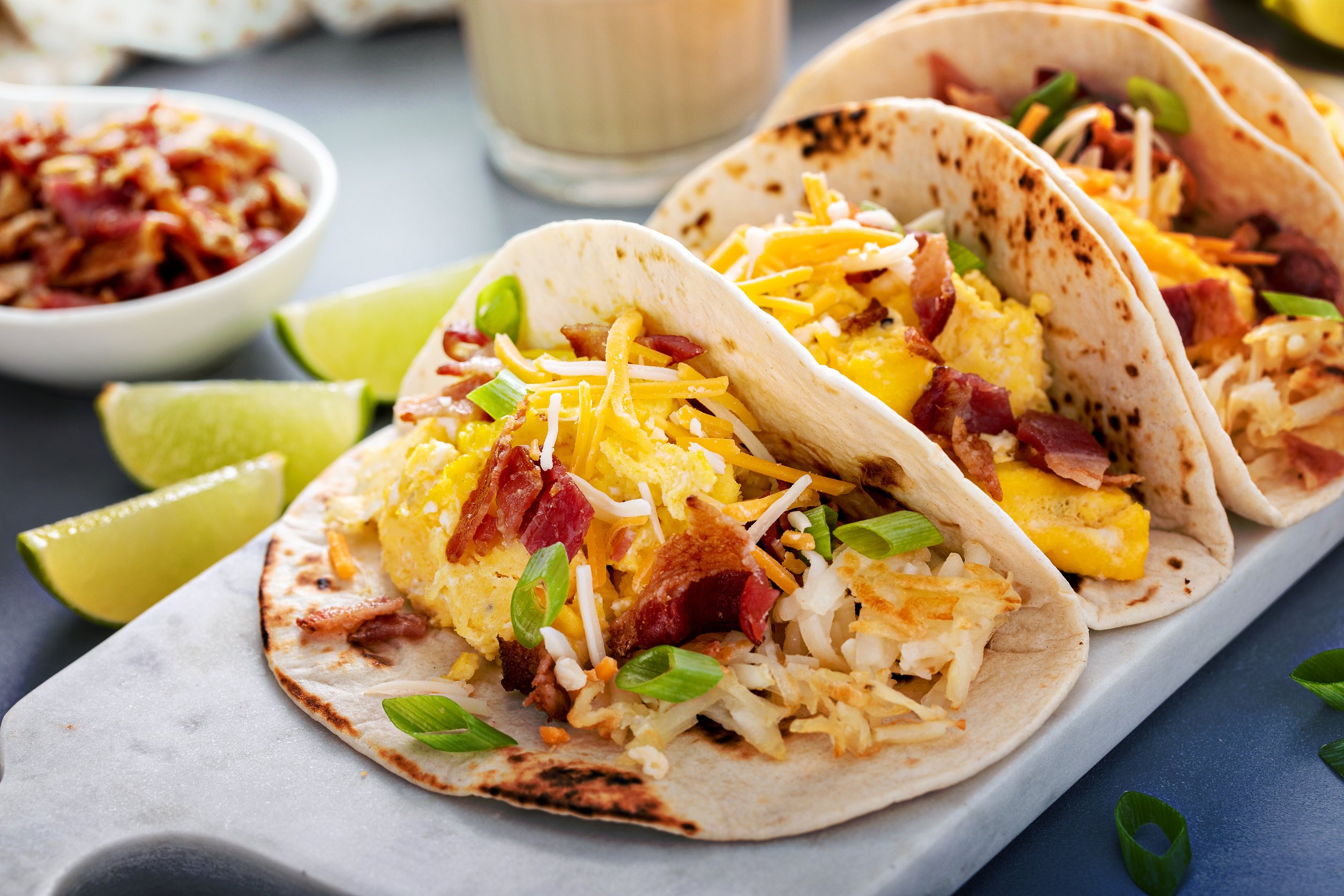 Breakfast Tacos with Hashbrowns, Eggs and Bacon